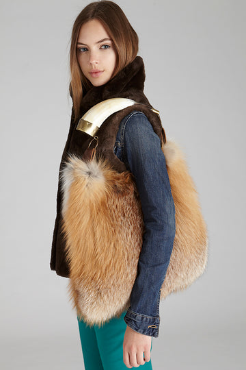 Gold Fox  Fur Purse with real argentine cow horn handle on handbag