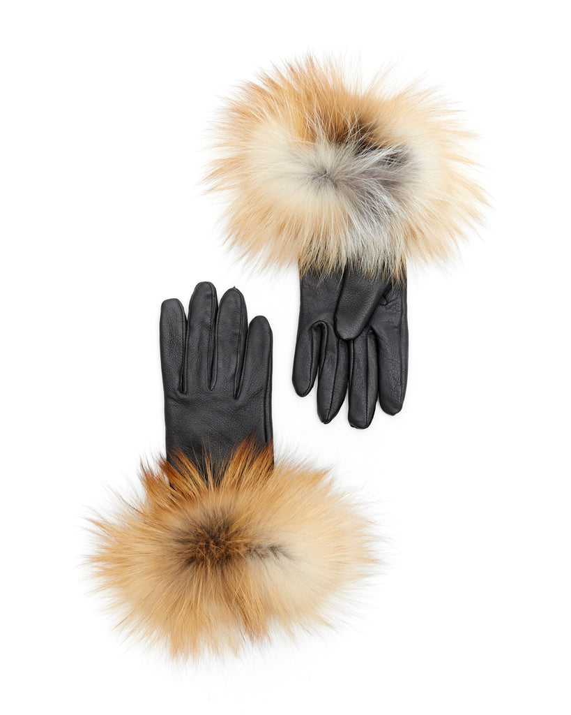 Gold fox fur trimmed winter leather gloves winter accessory