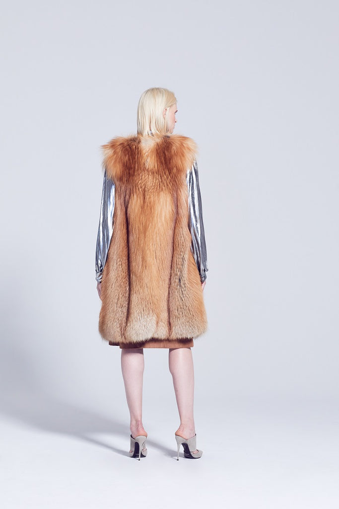 Long Style Gold Fox Fur Vest with Slit pockets close up of back 