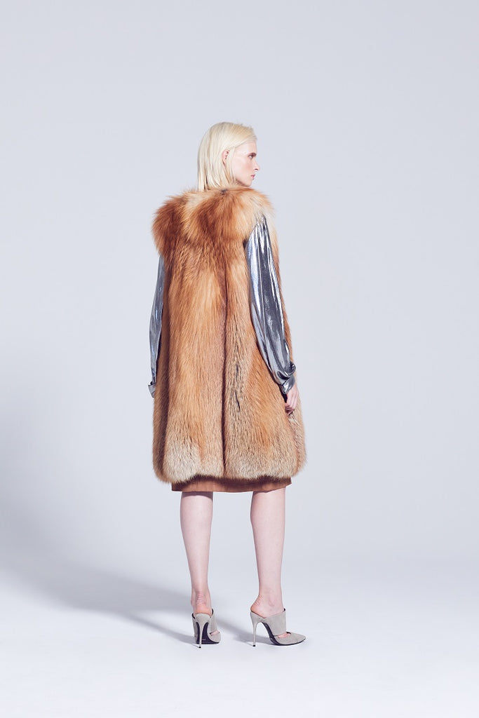 Long Style Gold Fox Fur Vest with Slit pockets and no collar backside detail