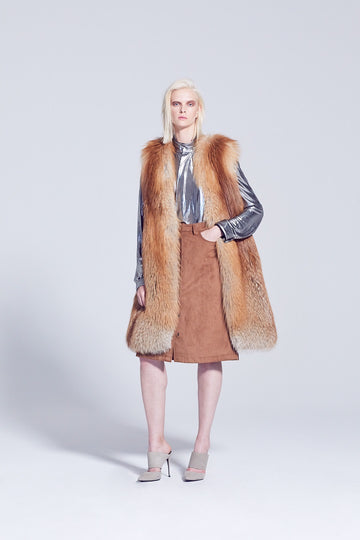 Long Style Gold Fox Fur Vest with Slit pockets and no collar
