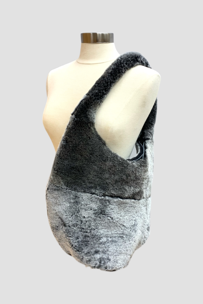 Grey Merino Shearling Fur Hobo Handbag with shearling handle