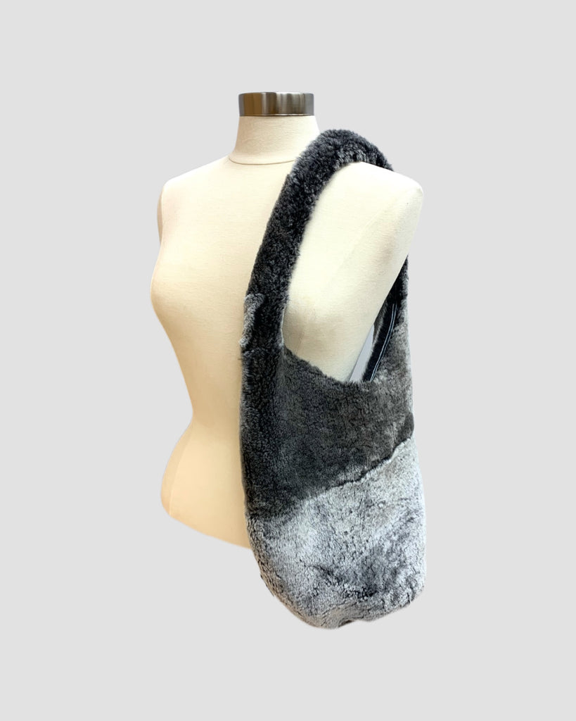 Grey Merino Shearling Fur Hobo Handbag with shearling handle