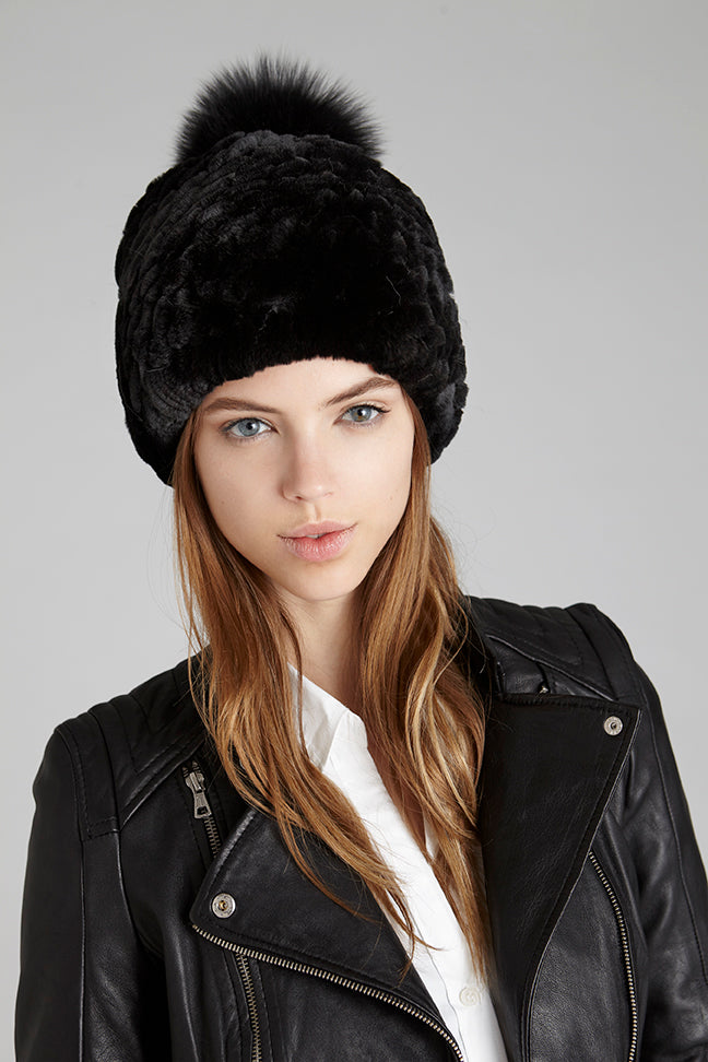 Rabbit Fur Pom Pom Beanie Knitted Rabbit Hair Fur Pom Pom Winter Beanie Hat - Gold Leaf main image 4