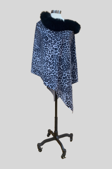 Leopard Print Cashmere poncho style cape with black fox fur trim one size fits all