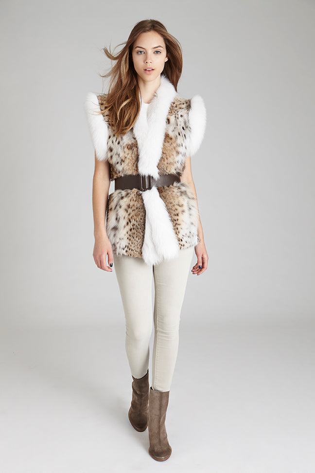 lynx and white fox fur winter vest styled with leather belt