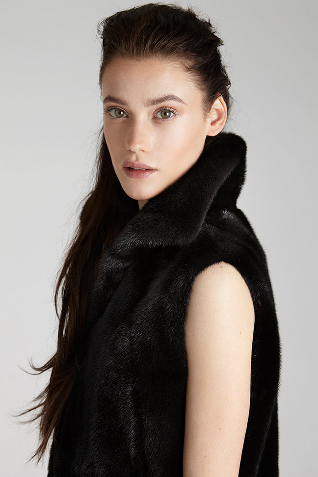 Womens Ranch Mink Fur Vest with stand up collar side view close up