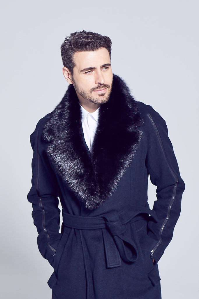 black muskrat fur knotch winter collar accessory worn over navy coat