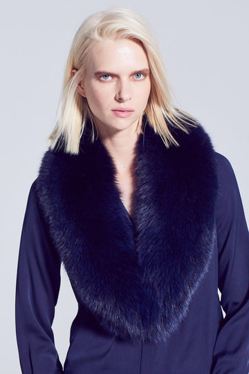 Navy Dyed Fox Fur Collar accessory worn over a sweater