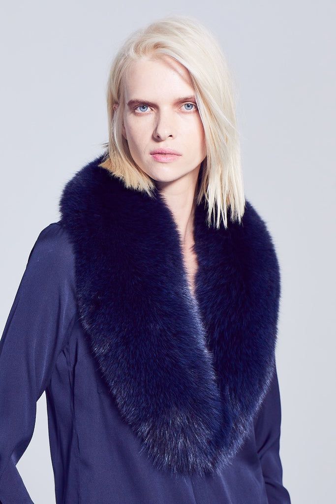 Bari Navy Dyed Fox Fur Collar accessory worn over a navy shirt