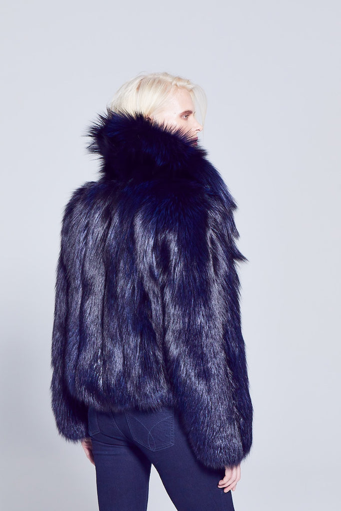 Anya Style Dyed Navy Silver Fox fur winter short jacket with cross cut style design shawl collar side close up view