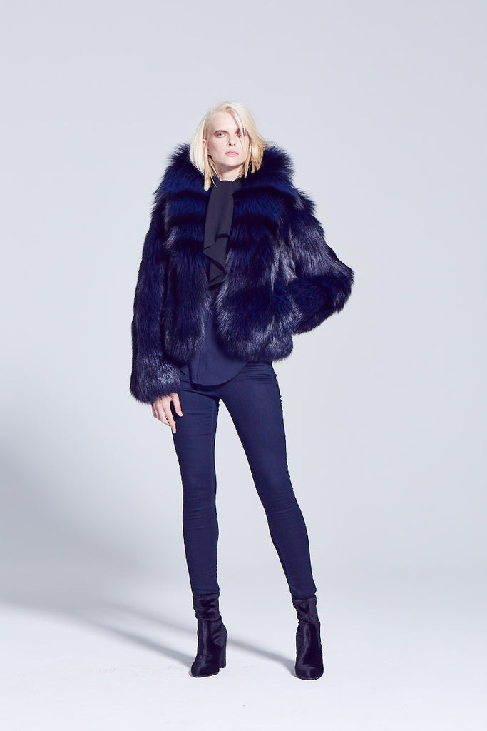 Anya Style Dyed Navy Silver Fox fur winter short jacket with cross cut style design shawl collar