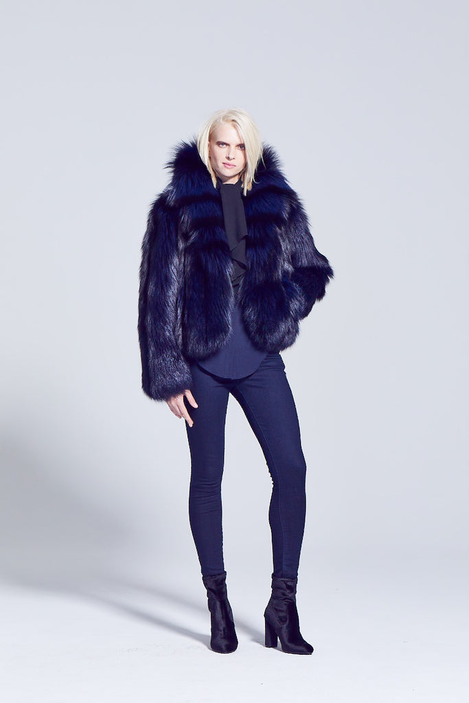Anya Style Dyed Navy Silver Fox fur winter jacket with cross cut style design shawl collar