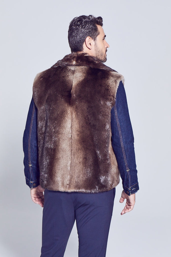 Baron Style Mens Otter  Fur Zip Up Fur Vest with back side view worn over denim