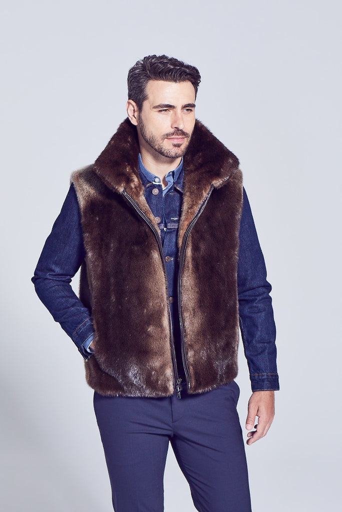 Baron Style Mens Otter Zip Up Fur Vest worn ove denim