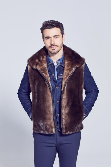 Baron Style Mens Otter Fur Zip Up Fur Vest worn over denim