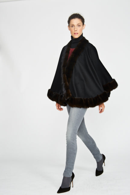 mahogany mink fur trimmed petite cashmere cape styled on model 