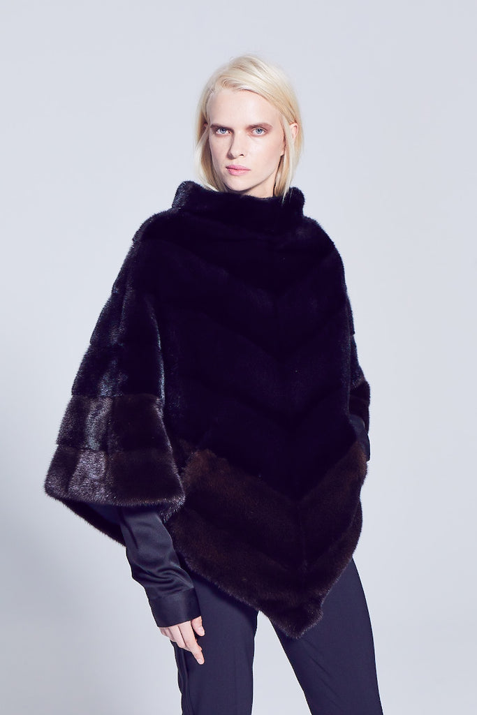 mahogny mink ranch fur poncho worn over the head with slit pockets