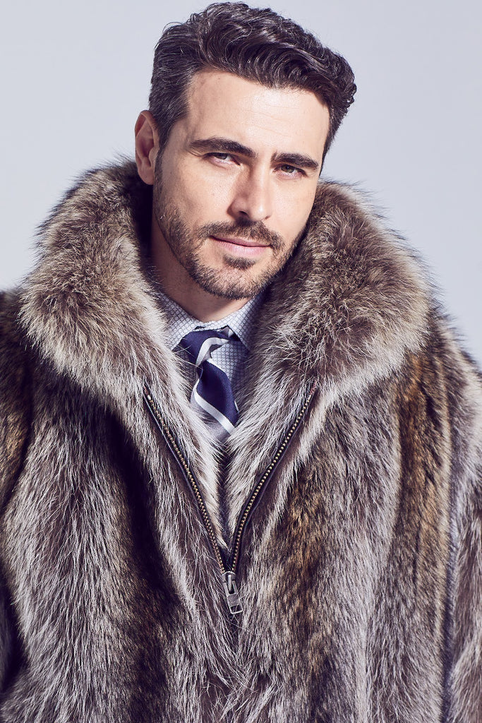 Mens Raccoon Fur Winter Parka with zipper closure close up of fur collar