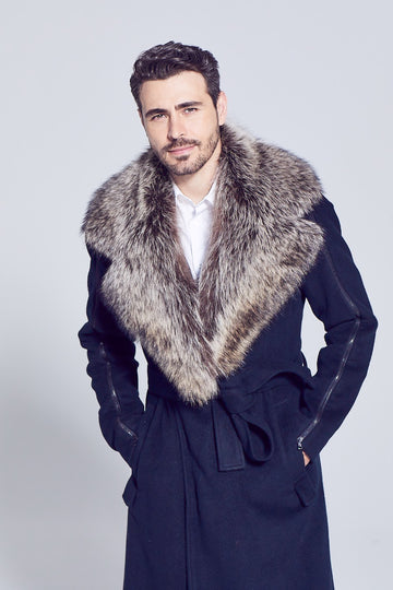 raccoon fur detachable notch collar styled on navy blue jacket
