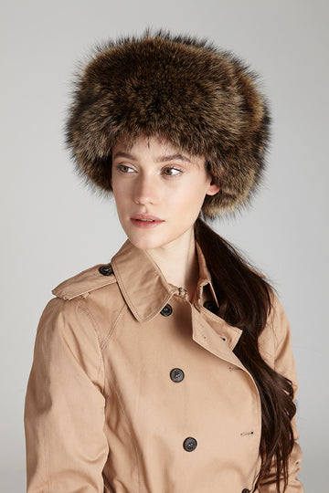 raccoon fur trooper winter hat styled on model 