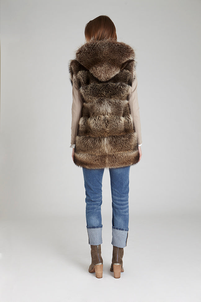 American raccoon fur hooded winter Vest in horizontal style pattern styled with jeans backside detail of fur