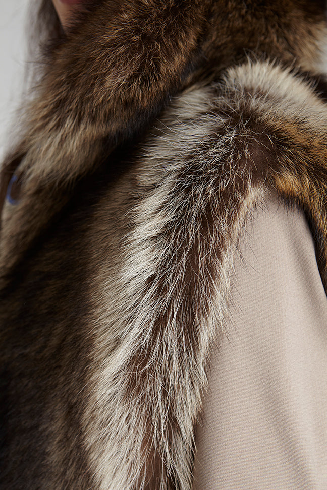 closeup photo of shoulder detail of raccoon fur vest for women