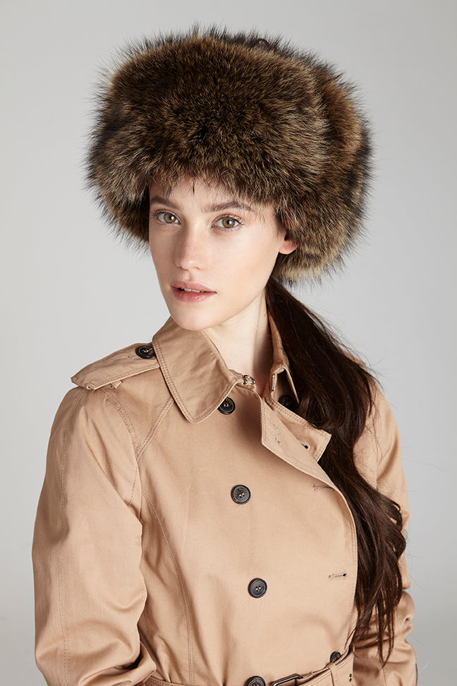raccoon fur trooper winter hat styled on model