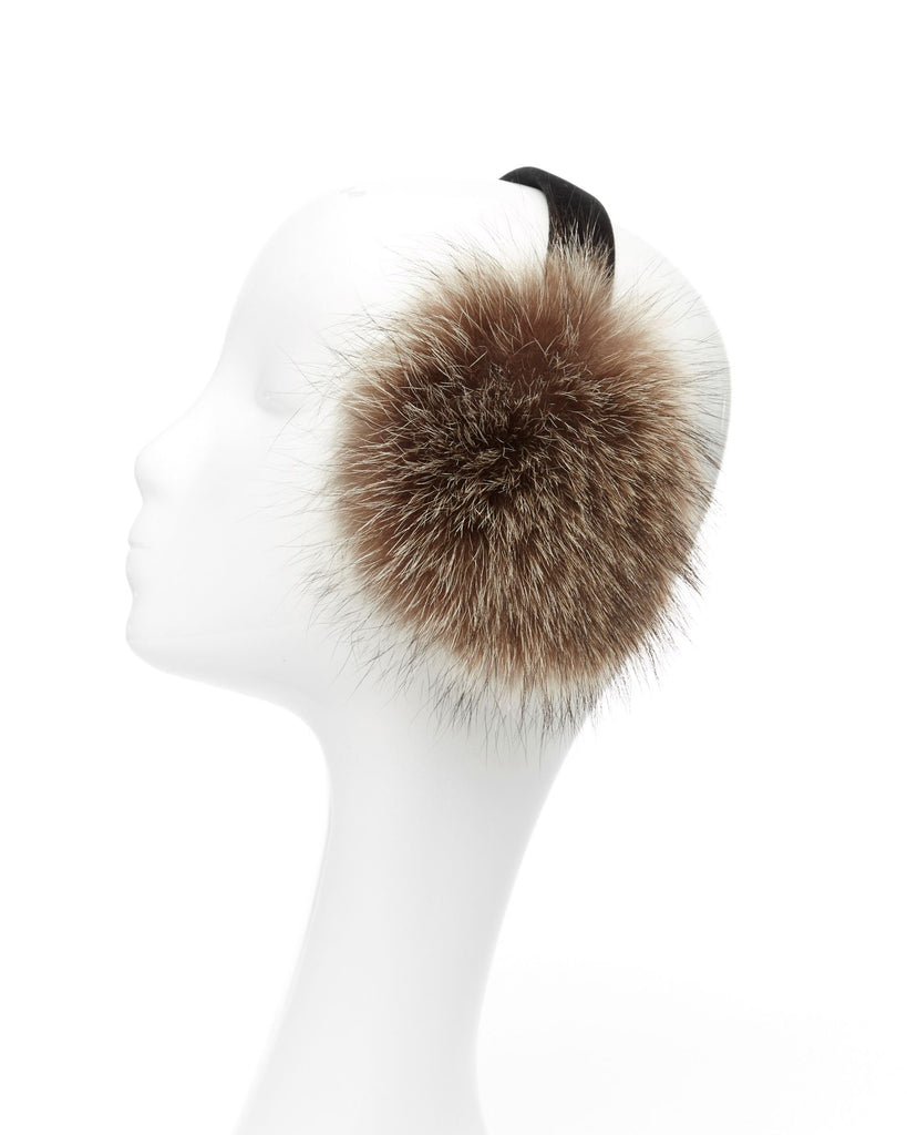 raccoon fur earmuffs with velvet headband side view