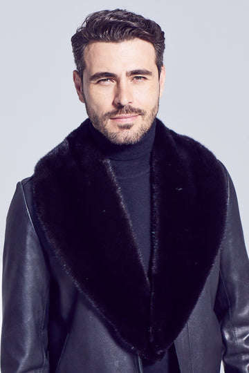 mink fur detachable shawl collar worn over a black leather jacket
