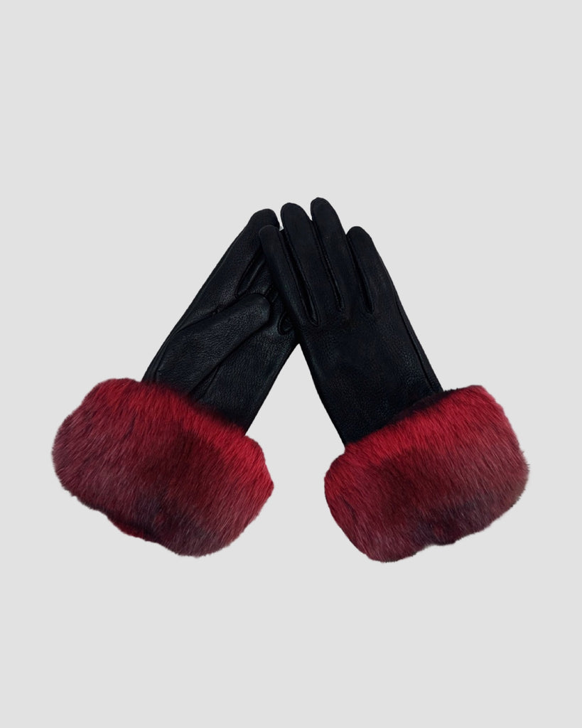 dyed red chinchilla fur trimmed leather gloves