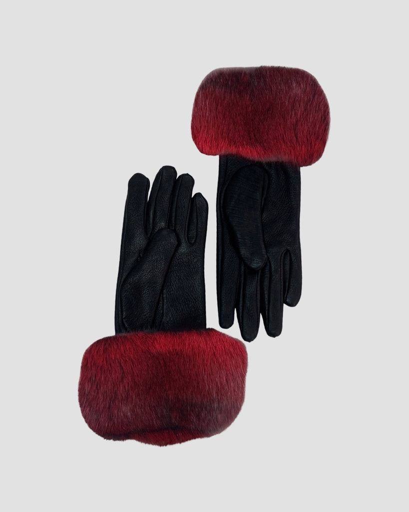 dyed red chinchilla fur trimmed leather gloves