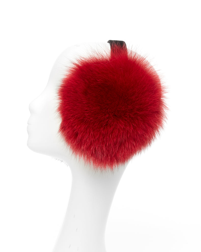 Bright Red Fox Fur earmuffs winter accessory side view color and fur close up