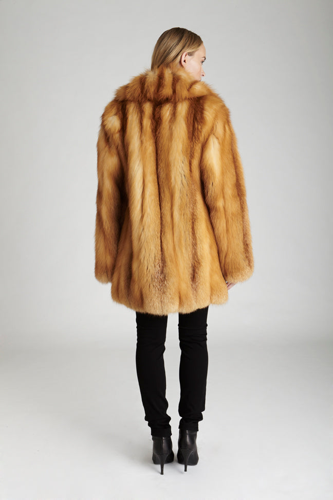 red fox fur jacket with cross cut shawl collar with back detail