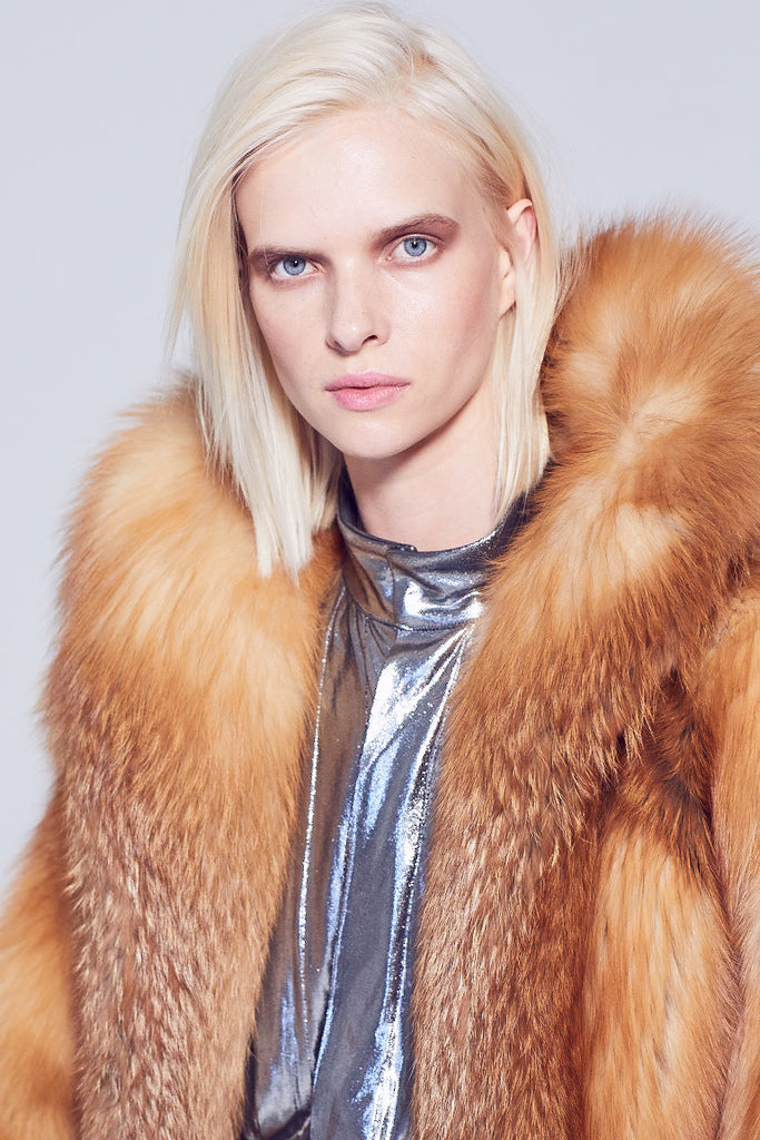 Aspen Style Red Fox Fur short Jacket with Collar detail close up