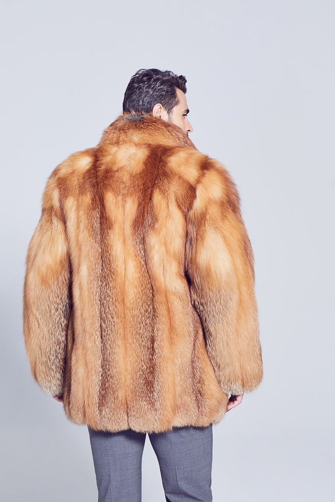 Mens Raccoon Fur Winter Parka with zipper closure back side fur detail view