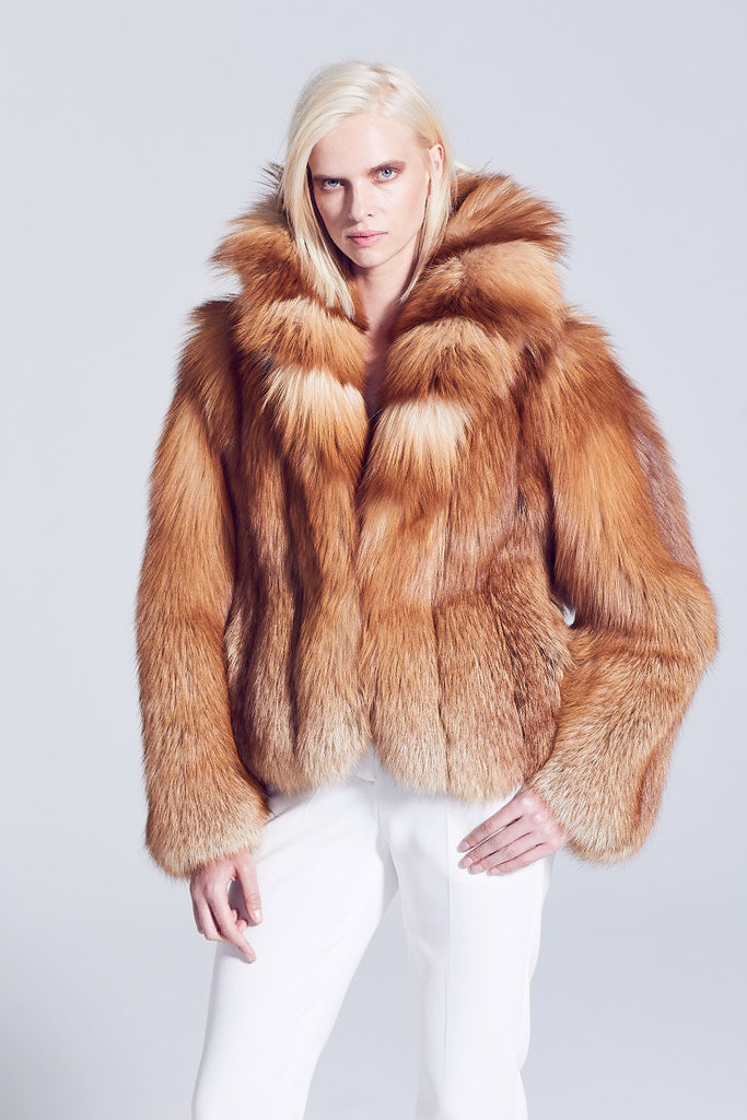 Anya Style Gold fox and red fox fur jacket with cross cut style design shawl collar worn over winter white pants