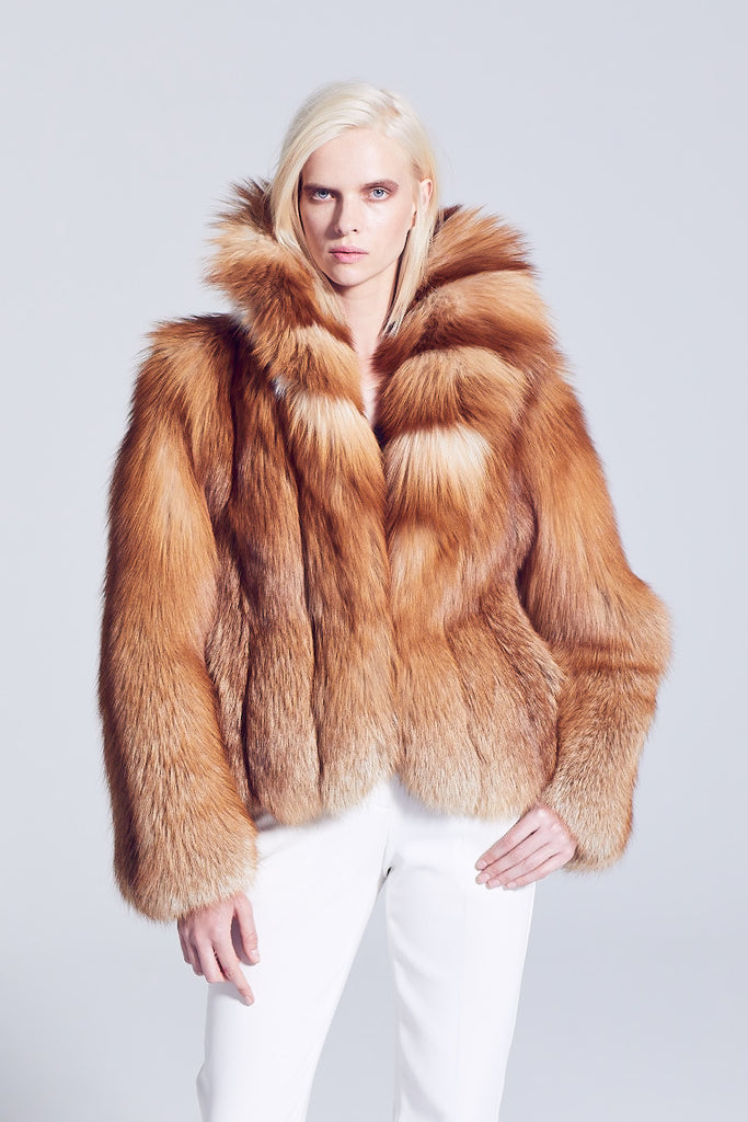 Anya Style Gold fox and red fox fur winter jacket with cross cut style design shawl collar worn over winter white pants