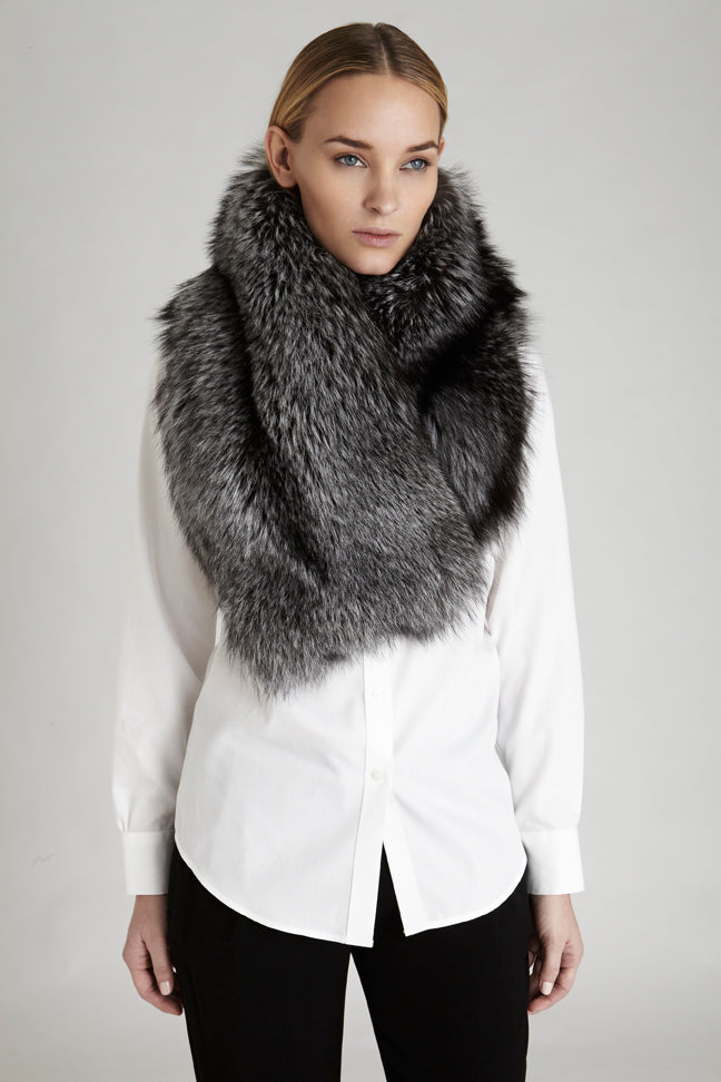 Silver fox fur oversized collar winter accessory worn over white blouse