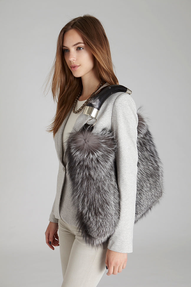 Silver Fox Fur Purse with real argentine cow horn handle on handbag