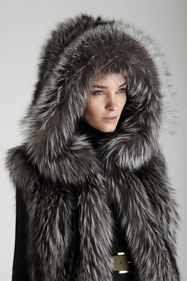 Silver Fox fur hooded short style hip length vest fur hood detail close up