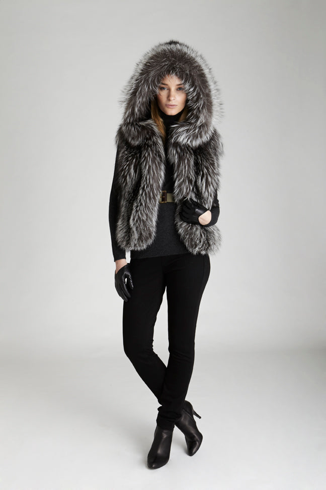 Silver Fox fur hooded short style hip length vest hood up styled on model