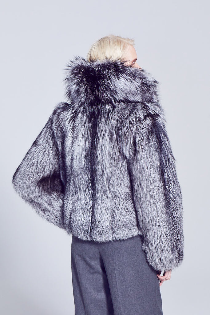 Anya Style Natural  Silver Fox fur jacket with cross cut style design shawl collar with back side close up detail