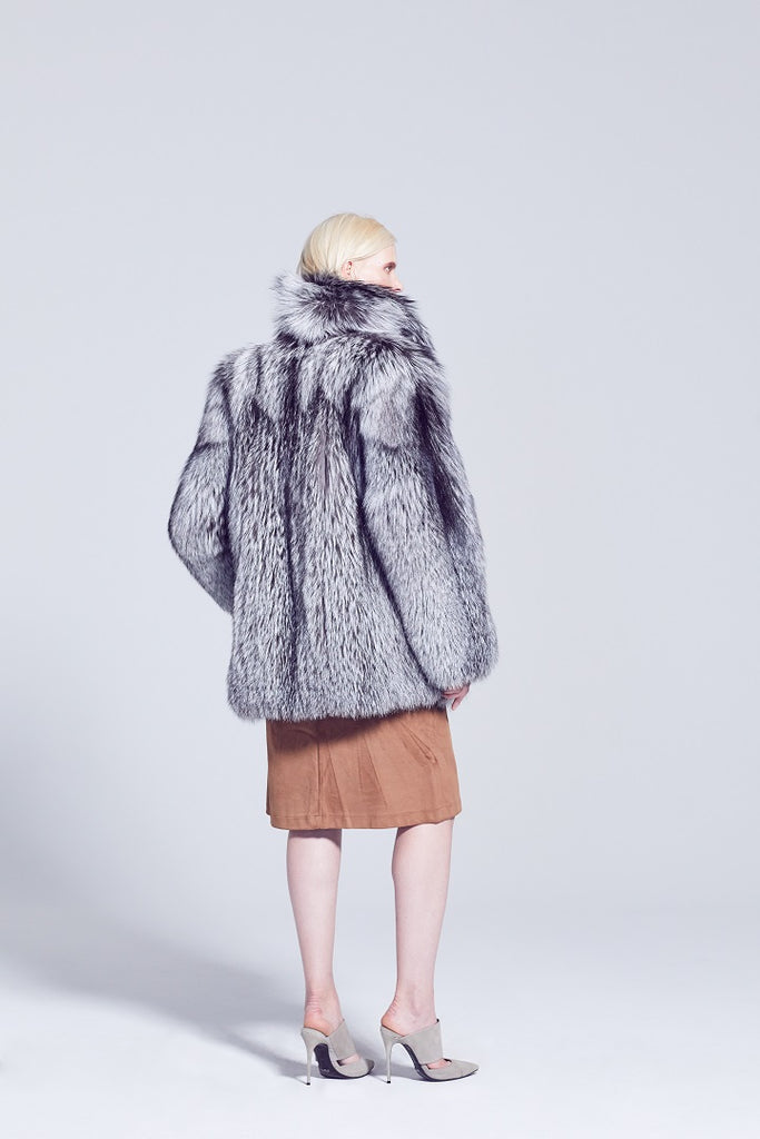 Silver Fox Fur Winter Jacket with shawl collar backside view