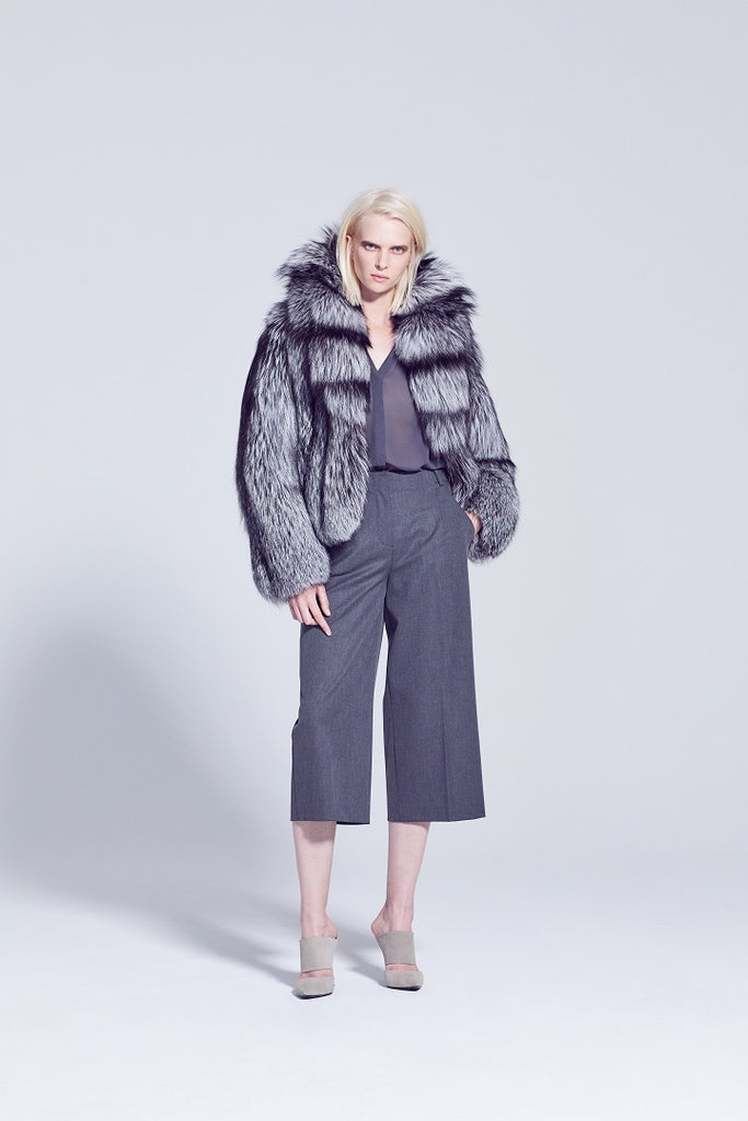 Anya Style Natural  Silver Fox fur short winter jacket with cross cut style design shawl collar