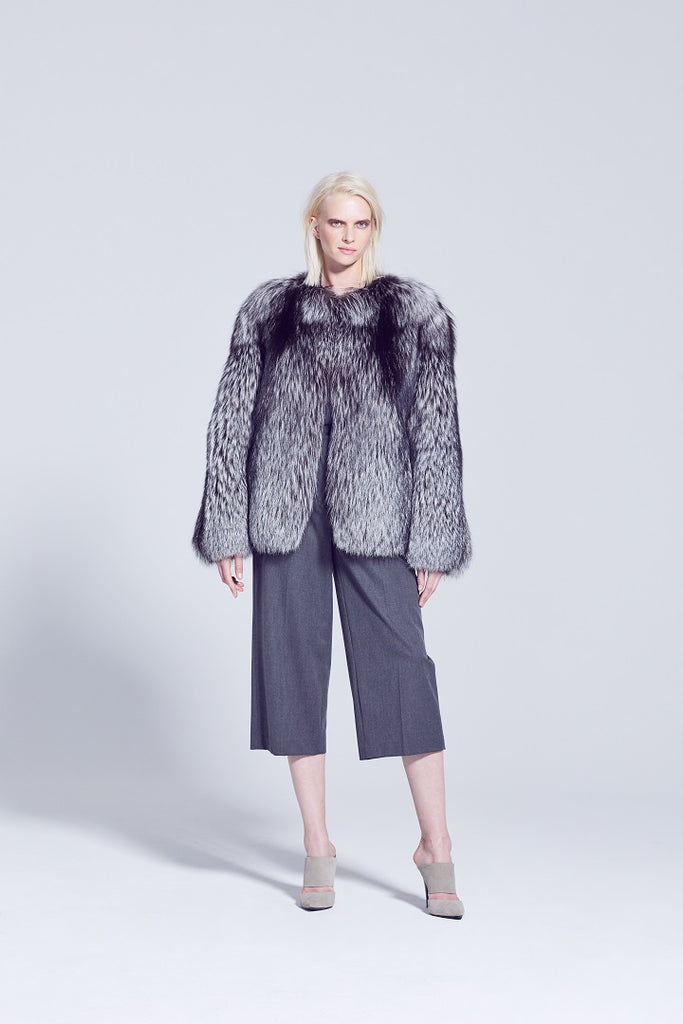 Demi Style Silver Fox Fur Jacket with no collar design