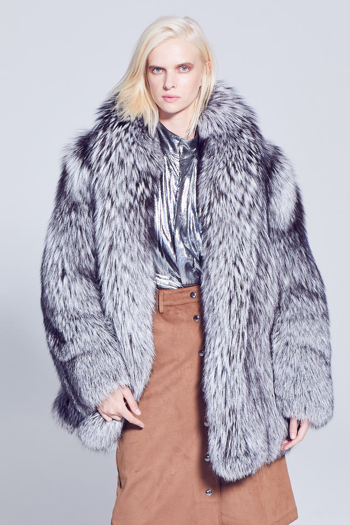 Silver Fox Fur Winter Jacket with shawl collar