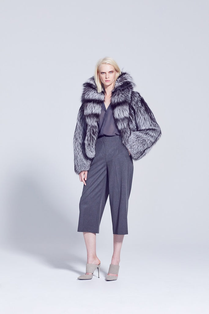 Anya Style Natural  Silver Fox fur winter short jacket with cross cut style design shawl collar