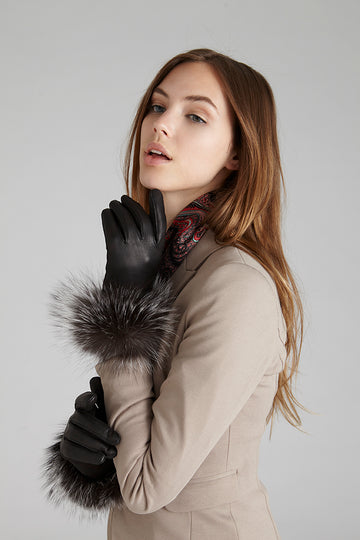 leather gloves with silver fox fur trim