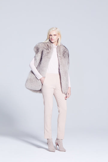 taupe dyed fur vest with slit pockets and hook and eye closure